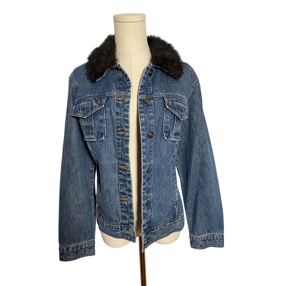 Vintage 90s Y2K Denim Jean Jacket Fur Collar LARGE